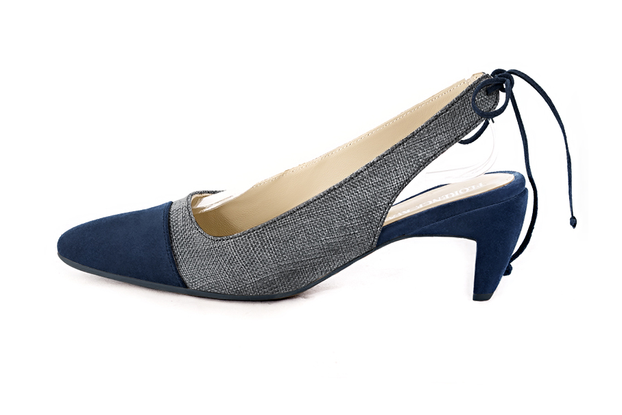 Women's navy blue and dark grey elegant slingback heels. Round toe. Medium comma heels - Profile view